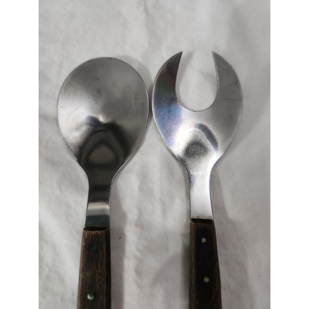 Vintage Mid Century Modern Stainless Steel Wood Handle Salad Serving Set Japan
